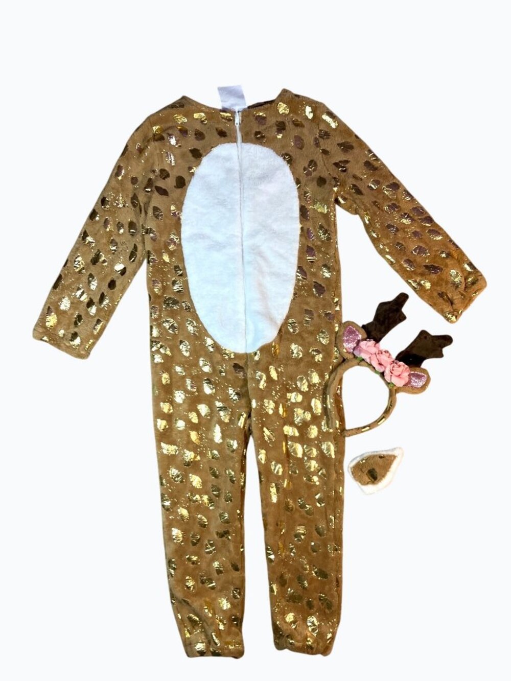 Girls Gold and Brown Deer Costume Jumpsuit W/ Floral Antlers Small 4-6